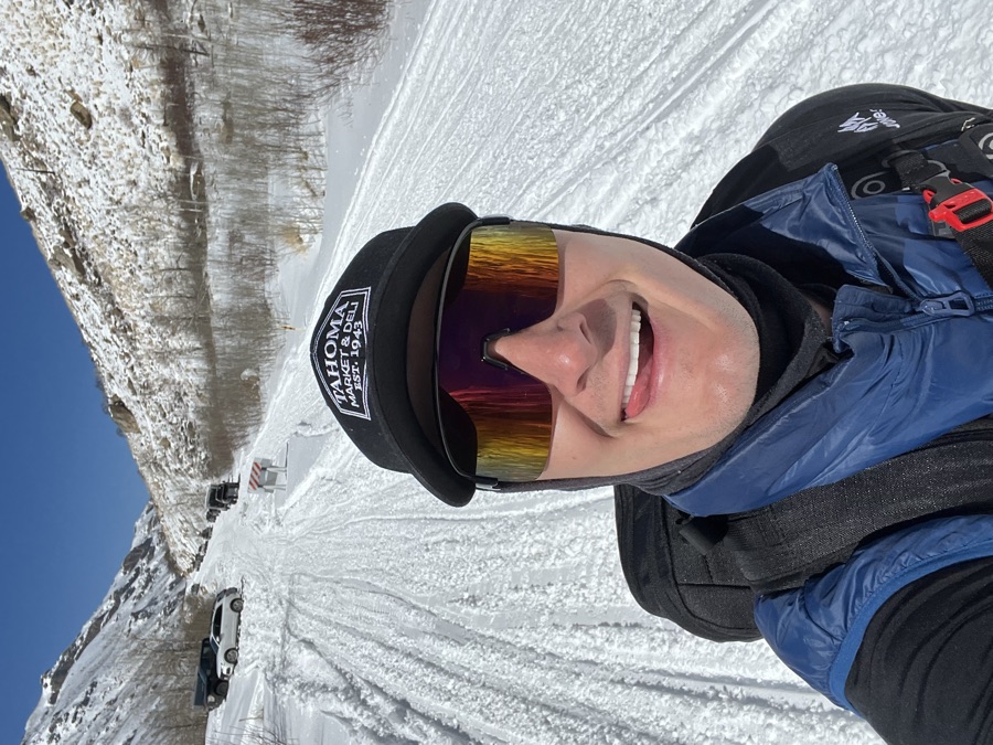 Sunglasses selfie on a snowy road heading into Lamoille Canyon in the Ruby Mountains