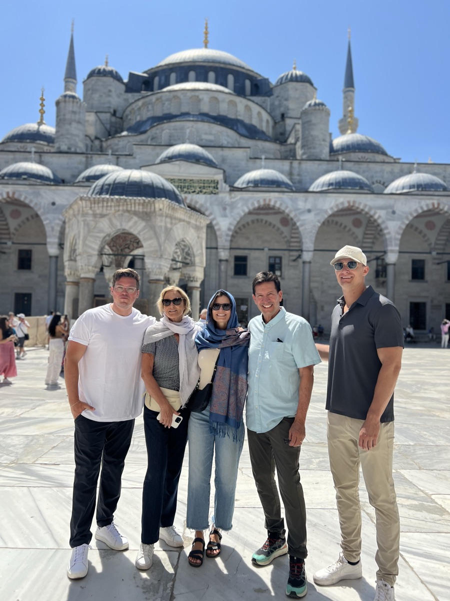 Group of five in the courtyard of the Blue Mosque in Istanbul